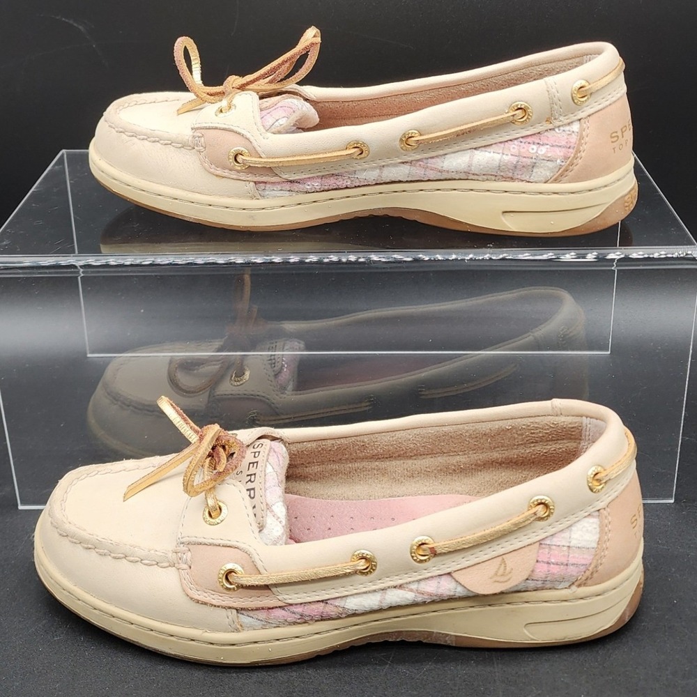 Sperry 6.5M Cream Pink Plaid Leather Boat Shoes Preppy Coastal Nautical Loafers